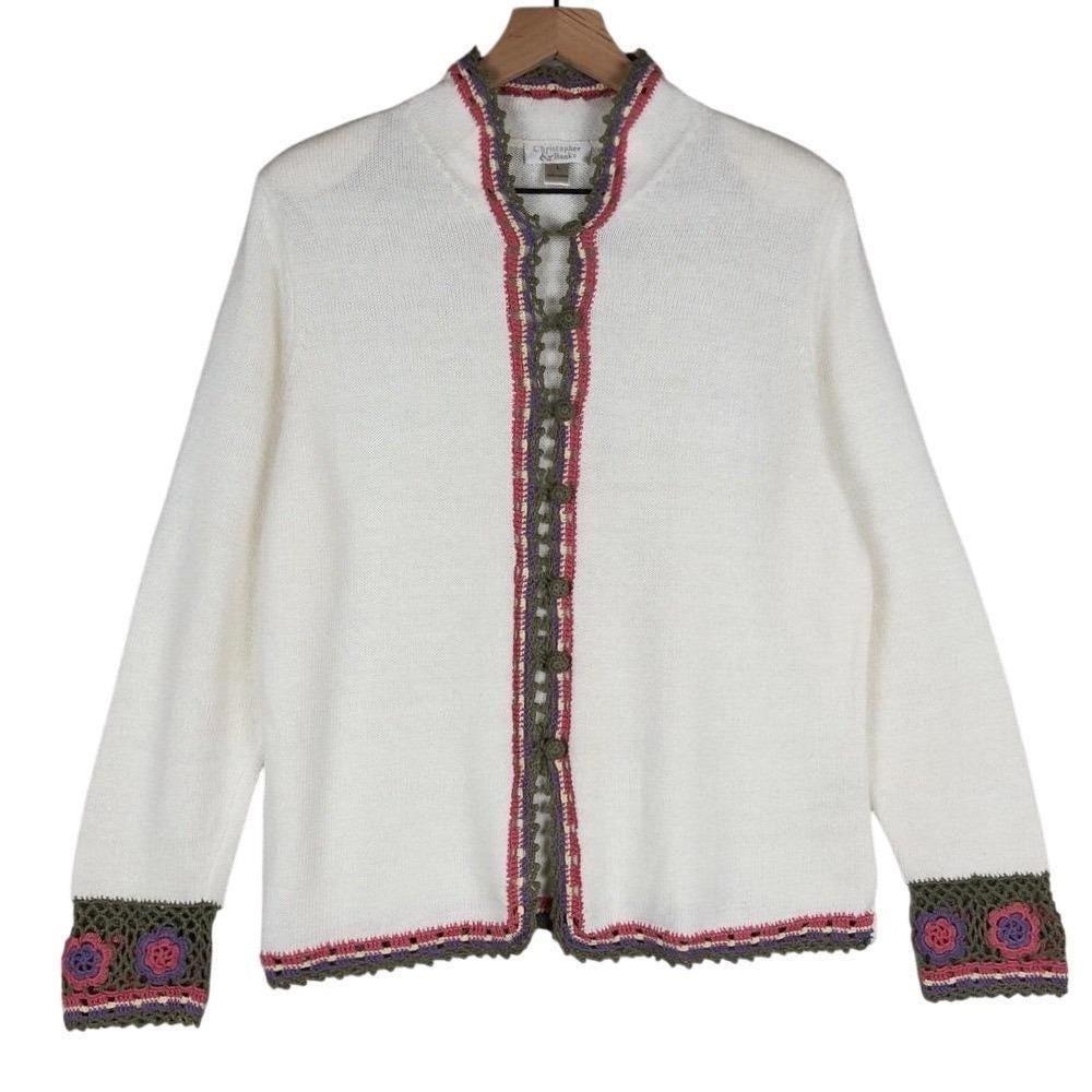 VTG CHRISTOPHER BANKS Crochet Detail Cardigan Sz L White Cotton Cottage Boho‎